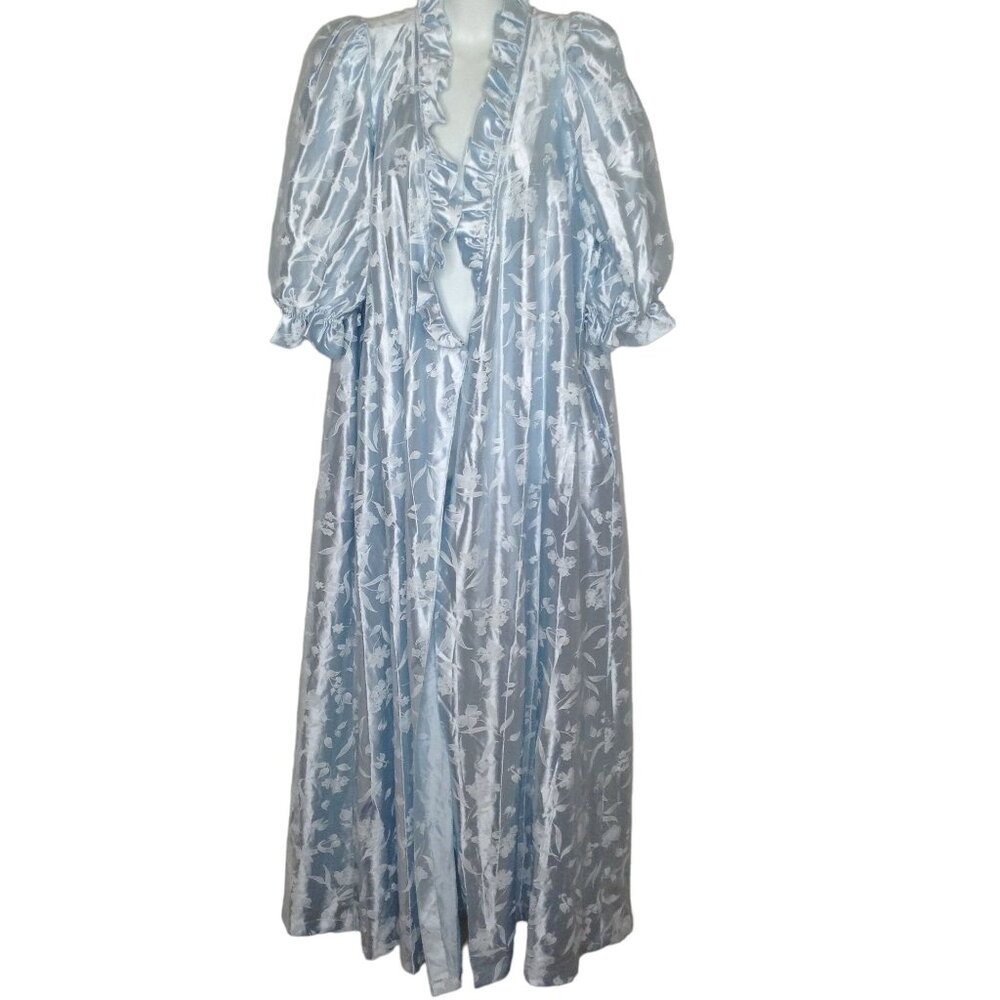 Vintage Womens 80's Miss Elaine Blue Satin Floral Robe Style 6435 Size Medium